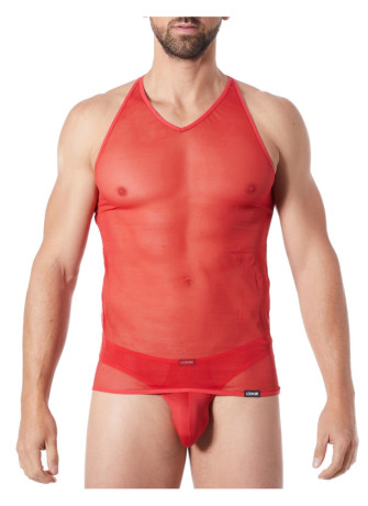 V-shirt rouge fine maille avec transparence - LM92-76RED